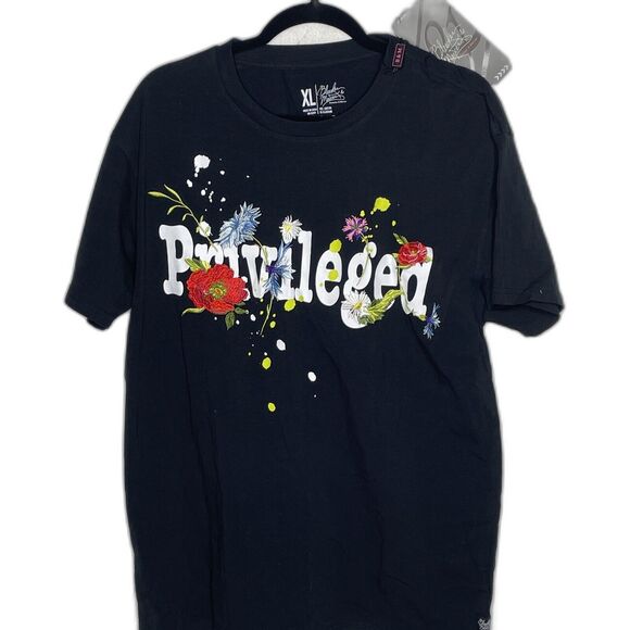 Bleeker and Mercer T-Shirt Privileged Black Embroidered NEW X-Large Shirt Tee - Picture 1 of 9